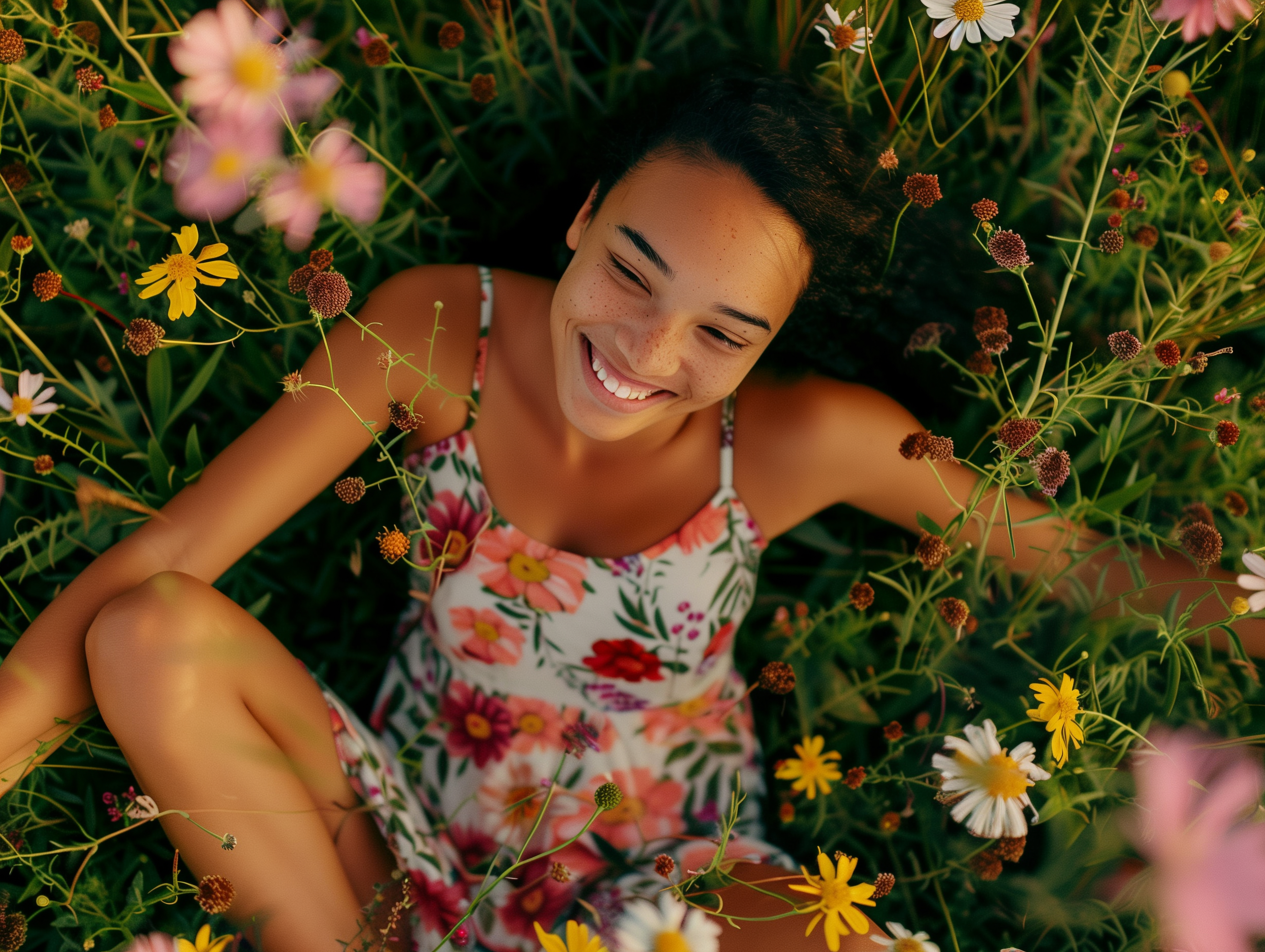 Young Woman Floral Dress Lying Field Wildflowers