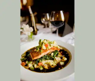 Stock Photo Dinner Salmon Wine Test Crop